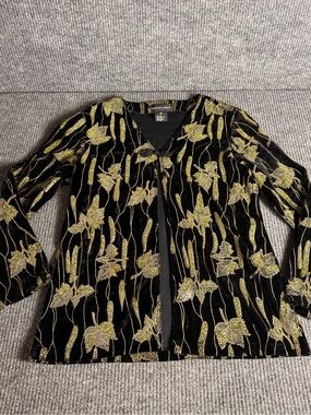 Vintage Robert Louis Black Velvet Cardigan with Autumn Gold Leaf Embroidery Sz S